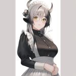  1girl animal_ears apron artist_name asymmetrical_bangs black_hair black_shirt blush commentary_request cow_ears cow_girl cow_horns eyewear_strap frilled_apron frilled_hairband frills glasses gradient_hair grey_hair hair_bun hairband holding_hands horns long_hair long_sleeves looking_at_viewer maid maid_apron maid_headdress multicolored_hair original own_hands_together parted_lips pillarboxed puffy_long_sleeves puffy_sleeves round_eyewear shirt sidelocks signature simple_background solo streaked_hair tokki two-tone_hair upper_body white_apron white_hairband yellow_eyes 