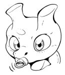  1other commentary furry greyscale lineart looking_at_viewer mewtwo monochrome motion_lines mouth_hold other_focus pacifier pokemon pokemon_(creature) portrait simple_background solo white_background wide-eyed zen_migawa 