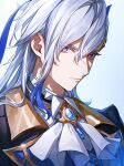  1boy absurdres aoppoi_oto ascot blue_hair closed_mouth coat genshin_impact grey_hair hair_between_eyes highres long_hair looking_at_viewer male_focus multicolored_hair neuvillette_(genshin_impact) purple_eyes simple_background solo sparkle twitter_username upper_body white_ascot 