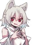  1girl 9302w_(user_wjpg8475) :d animal_ear_fluff animal_ears bare_shoulders highres inubashiri_momiji looking_at_viewer open_mouth red_eyes shirt short_hair simple_background smile solo touhou upper_body white_background white_hair white_shirt white_sleeves wolf_ears wolf_girl 