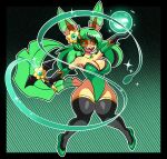  2023 anthro big_breasts black_clothing black_hair black_legwear black_stockings breasts clothing eeveelution energy energy_ball eyelashes female footwear fur generation_4_pokemon green_eyes green_hair hair heterochromia hi_res leafeon legwear looking_at_viewer magical_girl_outfit magical_girl_wand mintyspirit multicolored_hair nintendo open_mouth orb pigtails pink_eyes pokemon pokemon_(species) shark_teeth shark_tooth shoes smile solo stockings sunnyleafeon_(mintyspirit) whip yellow_body yellow_fur 