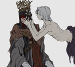  2boys aldrich_devourer_of_gods brown_cape cape crown dark_souls_(series) dark_souls_iii dark_sun_gwyndolin facing_another from_side grey_hair grey_robe hands_on_another&#039;s_cheeks hands_on_another&#039;s_face highres hood hood_up male_focus multiple_boys pontiff_sulyvahn profile robe short_hair simple_background slime_(substance) topless_male torn_cape torn_clothes upper_body white_background zunkome 