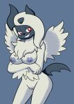  absol anthro black_nose breasts chest_tuft eyelashes female fur generation_3_pokemon genitals grin hi_res looking_at_viewer mega_absol mega_evolution narrowed_eyes nintendo nipples noiverus pokemon pokemon_(species) pussy red_eyes seductive smile solo third-party_edit tuft white_body white_fur wings 