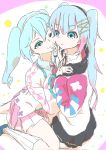  2girls aqua_eyes aqua_hair argyle argyle_sleeves blue_eyes blue_hair blunt_bangs casual cheek-to-cheek colored_tips commentary dual_persona floral_print hair_ornament hairband hairclip hand_on_another&#039;s_shoulder hatsune_miku heads_together highres kneehighs long_hair magical_mirai_(vocaloid) magical_mirai_miku magical_mirai_miku_(2020_summer) magical_mirai_miku_(2020_winter) miniskirt multicolored_hair multiple_girls neckerchief one_eye_closed pink_hair pink_skirt pleated_skirt purple_neckerchief shirt sitting sitting_on_person sketch skirt smile socks tororo51681849 twintails very_long_hair vocaloid white_shirt white_socks 
