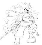  2023 3_toes anaugi anthro armor asian_clothing black_and_white canid canine canis clothed clothing domestic_dog east_asian_clothing english_text feet female hachimitsu hair hair_over_eye holding_object holding_sword holding_weapon japanese_clothing kimono kitana mammal melee_weapon monochrome one_eye_obstructed rock scar scarf signature simple_background sketch solo sword text toes vambrace weapon white_background 