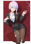  1girl absurdres bigroll blue_eyes breasts cigarette cleavage cyberpunk_(series) cyberpunk_2077 cyberpunk_edgerunners glasses hand_on_own_chest highres holding holding_cigarette looking_at_viewer lucy_(cyberpunk) multicolored_hair pillow school_uniform short_hair smoking 