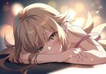  1girl backlighting blonde_hair blurry blush bokeh closed_mouth depth_of_field furrowed_brow gesugesu_ahoaho head_rest light_blush long_hair looking_at_viewer monogatari_(series) oshino_shinobu shadow slit_pupils solo strap_slip yellow_eyes 