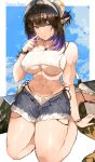  1girl absurdres arknights arm_support bikini bikini_under_shorts black_hair blue_eyes blue_hair blue_sky border bracelet breasts commentary commission earrings english_commentary eunectes_(arknights) finger_to_mouth highres jewelry kneeling large_breasts looking_at_viewer multiple_bracelets multiple_earrings muscular muscular_female necklace parted_lips pointy_ears sandals see-through short_hair short_ponytail short_shorts shorts sky snake_girl snake_tail solo stomach swimsuit tail thighs underboob white_bikini white_headwear yuki_flourish 