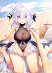  1girl 1other absurdres bare_arms bare_legs bare_shoulders barefoot beach breasts commandant_(punishing:_gray_raven) commentary_request grey_hair hair_between_eyes hand_in_own_hair highres holding holding_hands holding_spoon large_breasts liv_(punishing:_gray_raven) long_hair ocean one-piece_swimsuit open_mouth punishing:_gray_raven purple_eyes see-through_swimsuit skaven_gongcheng_shushi spoon swimsuit translation_request 