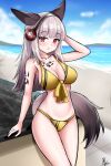  1girl :o absurdres animal_ear_fluff animal_ears arknights arm_behind_head arm_support arm_up bare_arms bare_shoulders beach bikini blue_sky blush breasts cloud collarbone commentary day english_commentary front-tie_bikini_top front-tie_top frostleaf_(arknights) grey_hair headphones highres long_hair looking_at_viewer medium_breasts oripathy_lesion_(arknights) outdoors parted_lips red_eyes rylaera sand sky solo swimsuit tail water yellow_bikini 