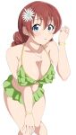 1girl absurdres bikini blue_eyes blush braid breasts brown_hair crust_gm0 emma_verde flower freckles green_bikini hair_flower hair_ornament hand_on_own_knee highres large_breasts looking_at_viewer love_live! love_live!_nijigasaki_high_school_idol_club low_twin_braids low_twintails open_mouth simple_background solo swimsuit twin_braids twintails white_background 