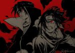  2boys akatsuki_uniform angry black_hair brothers clenched_teeth cloud commentary_request ctfsxxrt headband highres male_focus multiple_boys naruto_(series) red_eyes red_sky sharingan short_hair siblings sky teeth uchiha_itachi uchiha_sasuke 