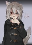  1girl absurdres animal_ear_fluff animal_ears black_coat black_collar blue_eyes coat collar commission dog_ears dog_girl dog_tail ear_down gradient_background grey_background grey_hair hasuki_rui heterochromia highres hood hood_down hooded_coat indie_virtual_youtuber licking_lips light_brown_hair long_sleeves looking_at_viewer medium_hair multicolored_hair mushoku_loli red_eyes second-party_source skeb_commission tail tongue tongue_out two-tone_hair unaligned_ears virtual_youtuber 
