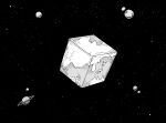  absurdres bb_(baalbuddy) chainsaw_man cube earth_(planet) greyscale highres monochrome moon multiple_moons original planet space star_(sky) tagme 