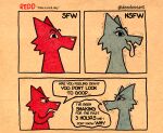  &lt;3 ambiguous_gender anthro bodily_fluids canid canine canis cardboard comic deedoss dialogue duo fox heart_nose hi_res mammal redd_(deedoss) simple_coloring simple_eyes simple_face steam sweat text tongue tongue_out wolf worried 