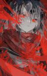  1girl black_hair black_serafuku blurry closed_mouth commentary_request depth_of_field expressionless film_grain flower glowing glowing_eyes hair_over_one_eye half-closed_eyes highres kagerou_project long_hair looking_at_viewer looking_to_the_side neckerchief no_pupils pale_skin red_background red_eyes red_flower red_scarf red_theme scarf school_uniform serafuku shiun_(siun_5513) solo spider_lily tateyama_ayano upper_body white_neckerchief 