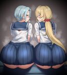  2girls akkgsyk ass back black_panties blonde_hair blue_hair blush character_request highres long_hair looking_at_viewer multiple_girls nijisanji nui_sociere panties pantyshot pink_panties pleated_skirt ponytail school_uniform serafuku sitting skirt smile sweat underwear yellow_eyes 