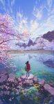  1girl backpack bag black_hair cherry_blossoms day highres lily_pad mocha_(cotton) original outdoors scenery sky tree water 