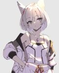  1girl animal_ears braid cat_ears collarbone core_crystal_(xenoblade) cropped_jacket gloves grey_background grey_hair half_gloves hand_on_own_hip head_tilt jacket looking_to_the_side mio_(xenoblade) side_braid single_braid skeptycally skirt solo tank_top white_gloves white_jacket white_skirt xenoblade_chronicles_(series) xenoblade_chronicles_3 yellow_eyes 
