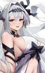  1girl absurdres azur_lane bare_shoulders black_hairband black_ribbon breasts commission from_side grey_hair hair_between_eyes hair_intakes hair_ornament hairband highres large_breasts light_blush long_hair looking_at_viewer masamura_(masamura_eliza) mole mole_on_breast navel open_mouth purple_eyes ribbon second-party_source see-through sideboob siren_(azur_lane) siren_empress_(azur_lane) sleeveless smile solo upper_body 