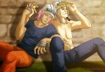  2boys baseball_cap chronomorphosis closed_eyes closed_mouth eyewear_removed fullbody_(one_piece) grey_hair hat jango_(one_piece) medium_hair multiple_boys one_piece pink_hair sleeping sunglasses topless_male yaoi 