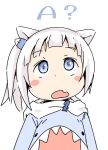  1girl animal_ears blue_eyes blush_stickers cat_ears commentary_request d: fang female_child fish_bone flat_chest frown gawr_gura ham_(points) hololive hololive_english hood hood_down hoodie looking_up medium_hair open_mouth side_ponytail simple_background solo upper_body virtual_youtuber white_background white_hair 