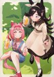  2girls absurdres animal_ears black_footwear black_hair blush bow_hairband breasts brown_dress closed_mouth collared_dress cup disposable_cup dress drinking_straw ear_covers freely2327 grass grin hair_intakes hairband haru_urara_(umamusume) highres holding holding_cup horse_ears horse_girl horse_tail knees_together_feet_apart knees_up long_hair looking_at_another multiple_girls neck_ribbon outdoors overall_shorts overalls pink_hair pink_shirt ponytail purple_eyes red_footwear ribbon rice_shower_(umamusume) shirt shoes small_breasts smile sneakers socks standing tail tree umamusume v white_socks 
