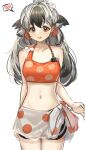  1girl :d absurdres arknights bare_shoulders bikini black_hair breasts commentary_request cowboy_shot flower grey_hair hair_flower hair_ornament highres long_hair looking_at_viewer midriff multicolored_hair navel nopetroto open_mouth orange_eyes polka_dot revision sarong shorts simple_background small_breasts smile snowsant_(arknights) solo spoken_blush standing stomach swimsuit thighs two-tone_hair white_background white_flower 