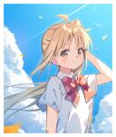  1girl blonde_hair blue_sky bocchi_the_rock! bow bowtie cloud highres holding holding_hair ijichi_nijika long_hair red_bow red_bowtie shirt sky smile solo summer very_long_hair white_shirt wind yellow_eyes zoirun 