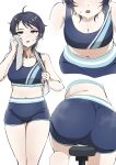  1girl absurdres ass bare_shoulders black_eyes blue_hair blue_shorts blue_sports_bra blush breasts cleavage collarbone exhausted grey_towel hand_up highres holding holding_towel idolmaster idolmaster_cinderella_girls idolmaster_cinderella_girls_starlight_stage looking_at_viewer midriff multiple_views navel open_mouth saddle short_hair shorts simple_background sports_bra steam sweat towel ushimochi wakui_rumi white_background 