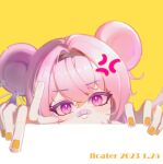  1girl absurdres anger_vein animal_ears arknights artist_name bandaid bandaid_on_face bandaid_on_nose black_hairband blush dated diamond_in_eye earrings floater_(floater80012059) hairband highres jewelry lin_(arknights) looking_at_viewer mouse_ears mouse_girl peeking pink_hair portrait purple_eyes simple_background solo tassel tassel_earrings yellow_background yellow_nails 