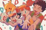  1girl 2boys ash_ketchum black_hair blush brock_(pokemon) brown_eyes brown_hair commentary_request egg fingerless_gloves gloves green_eyes hat highres holding holding_egg misty_(pokemon) multiple_boys orange_hair pikachu pokemon pokemon_(anime) pokemon_(creature) short_hair sweat umebosibakari2 whiskers 