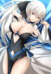  1girl \||/ bare_shoulders between_breasts black_bow black_dress blue_choker blue_eyes bow braid breasts choker cleavage collarbone contrapposto cowboy_shot dot_nose dress fate/grand_order fate_(series) fingernails french_braid grey_hair hair_bow hands_up highres large_breasts legs_together long_hair long_sleeves looking_at_viewer morgan_le_fay_(fate) navel parted_lips ponytail revealing_clothes shrug_(clothing) side-tie_dress sidelocks simple_background slit_pupils smile solo thighs vent_vert_(kuuya) very_long_hair white_hair wide_sleeves 