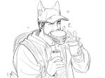  1boy animal_ears animal_hat backpack bag bara baseball_cap beard beard_stubble borrowed_character can cat_boy cat_cap_guy_(rinotuna) cat_ears cat_hat eating facial_hair fast_food greyscale hat heart highres jacket liliiliillj loving_aura male_focus mature_male monochrome mouth_hold mustache mustache_stubble original shirt sketch solo t-shirt tail tail_wagging thick_eyebrows upper_body white_background 