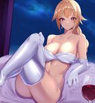  1girl absurdres alcohol bandeau bare_shoulders blonde_hair breasts cleavage commentary_request crossed_legs cup drinking_glass earrings elbow_gloves fate/grand_order fate_(series) gloves haneramu highres jeanne_d&#039;arc_(fate) jewelry large_breasts long_hair looking_at_viewer navel purple_eyes sidelocks sitting smile solo stomach strapless thighhighs thighs white_gloves white_thighhighs wine wine_glass 