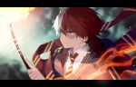  1boy aqua_eyes blurry blurry_background boku_no_hero_academia brown_eyes burn_scar closed_mouth collared_shirt commentary_request diagonal-striped_necktie fire gugugunogu heterochromia highres holding holding_wand letterboxed male_focus multicolored_hair red_hair scar scar_on_face shirt short_hair solo todoroki_shouto two-tone_hair wand white_hair 