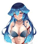  1girl bad_id bao_(vtuber) bare_shoulders bikini blue_hair blush breasts cleavage collarbone grey_bikini grey_choker groin highres indie_virtual_youtuber large_breasts leon_decarabia long_hair looking_at_viewer navel parted_lips red_eyes shell shell_bikini signature smile solo swimsuit upper_body very_long_hair virtual_youtuber white_background 