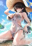  1girl bikini bikini_under_clothes black_bikini black_hair blue_archive blue_sky breasts cloud covered_navel day hair_over_one_eye halo hat highres hinata_(blue_archive) hinata_(swimsuit)_(blue_archive) kneeling large_breasts long_hair looking_at_viewer official_alternate_costume one-piece_swimsuit outdoors parted_lips red_eyes sideboob sky solo stone_(ksorede) straw_hat sun_hat swimsuit thighs very_long_hair water wet white_one-piece_swimsuit 