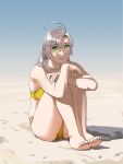  1girl antenna_hair arms_on_knees barefoot beach bikini collarbone dappled_sunlight feet green_eyes grey_hair highres kantai_collection kinugasa_(kancolle) kinugasa_kai_ni_(kancolle) knees_up legs looking_at_viewer medium_hair ojipon sitting smile solo sunlight swimsuit toes yellow_bikini 