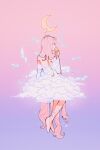 1girl absurdly_long_hair absurdres bare_shoulders bird cloud_clothes crescent_moon dress from_behind full_body gradient_background hand_up highres long_hair meyoco moon original pink_background pink_footwear pink_hair purple_background shoes solo very_long_hair white_bird white_dress 