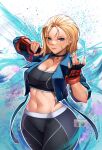  1girl abs black_pants black_sports_bra blonde_hair blue_eyes blue_jacket breasts cammy_white cleavage cropped_legs fighting_stance flexing gloves hands_up jacket large_breasts looking_at_viewer luxpineapple midriff navel pants red_gloves solo sports_bra stomach street_fighter street_fighter_6 twitter_username 