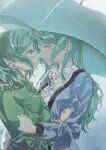  2girls aqua_hair bang_dream! blue_jacket blue_umbrella blush bow braid buttons gradient_background green_eyes green_jacket hair_bow highres hikawa_hina hikawa_sayo hug imminent_kiss incest jacket kimijunn long_hair long_sleeves looking_at_another medium_hair multiple_girls open_mouth rain shared_umbrella shirt siblings sisters sweater twincest twins umbrella white_shirt yellow_sweater yuri 