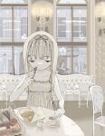  1girl cake camisole chair cheesecake cherry dessert food fork fruit half-closed_eyes highres holding holding_fork long_hair original plate shadow shiromomo_sofuto sleeveless solo_focus table white_camisole white_hair window 