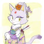  1girl animal_ears arrow_(projectile) blaze_the_cat cat_ears cat_girl cat_tail eyeshadow floral_print flower forehead_jewel fur-trimmed_gloves fur_trim furry furry_female gloves hair_flower hair_ornament hamaya highres japanese_clothes kimono makeup ponytail purple_eyeshadow purple_fur purple_kimono sonic_(series) syuon tail white_gloves yellow_eyes 