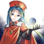  1girl black_gloves blue_eyes blue_hair cape closed_mouth gloves hat highres jewelry long_hair looking_at_viewer lucia_(lunar) lunar lunar_2:_eternal_blue necklace pendant red_cape smile solo umehime 