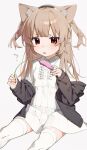  1girl animal_ears black_jacket cat_ears cattail collared_dress dress feet_out_of_frame frills highres jacket jacket_partially_removed kemonomimi_mode light_blush light_brown_hair long_hair nano_(nan0ng) natori_sana parted_lips plant red_nails sana_channel simple_background sitting solo thighhighs two_side_up white_dress white_thighhighs 