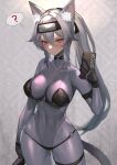  1girl ? absurdres animal_ears black_gloves blush bodysuit bra_over_clothes breasts bustier cat_ears cat_tail cellphone choker contrapposto covered_collarbone covered_navel cowboy_shot gloves grey_hair hair_between_eyes headband highres hitowa impossible_bodysuit impossible_clothes large_breasts long_hair looking_at_viewer o-ring o-ring_choker original panties_over_bodysuit parted_lips phone ponytail red_eyes selfie smartphone solo tail thought_bubble tsurime very_long_hair wide_hips 