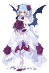  1girl alternate_costume bare_shoulders bat_wings black_wings blood blood_stain blue_hair blush_stickers bouquet bow bridal_veil closed_mouth collarbone commentary_request dress dress_flower earrings elbow_gloves eyelashes flower flower_brooch flower_earrings frilled_dress frills full_body gloves hair_flower hair_ornament high_heels highres holding holding_bouquet jewelry layered_dress leaf leg_ribbon long_dress looking_at_viewer nikorashi-ka petals red_eyes red_flower red_ribbon red_rose remilia_scarlet ribbon rose see-through_dress_layer short_hair skeletal_hand sleeveless sleeveless_dress slit_pupils smile solo touhou veil waist_bow wavy_hair wedding_dress white_background white_bow white_dress white_gloves white_veil wings 