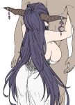  1boy 1girl antenna_hair ass back bandaged_arm bandages bare_shoulders black_hair breasts clothed_female_nude_male danua draph dress granblue_fantasy height_difference highres horn_ornament horns houtengeki hug large_breasts long_hair looking_up nude pointy_ears sideboob white_dress 