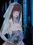  1girl alternate_costume bangs bouquet braid braided_ponytail bridal_veil chainsaw_man dress highres holding holding_bouquet kamo_(kamonegioisi) looking_at_viewer makima_(chainsaw_man) medium_hair pale_skin red_hair ringed_eyes sidelocks skeletal_hand solo stitched_arm stitched_face stitches twitter_username veil wedding_dress white_dress yellow_eyes 